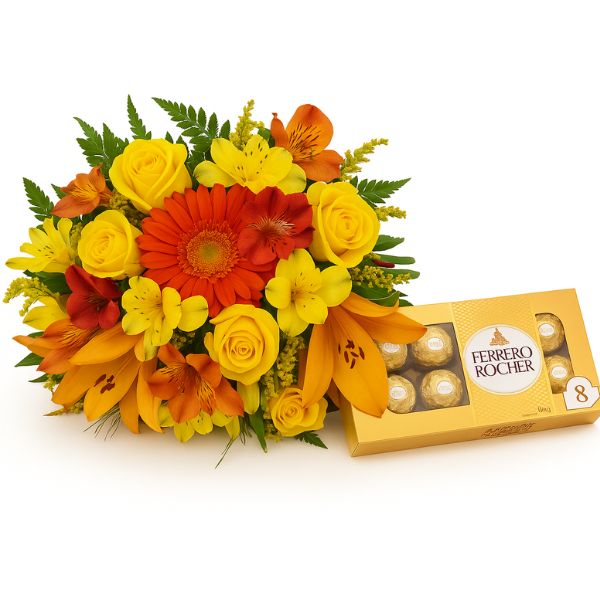 Buquê Colorido com Rosas Amarelas, Gérbera Laranja e Chocolates